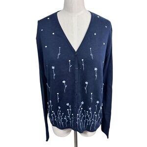 Partners Navy Blue Embroidered Grandma Cardigan Sweater Cottagecore Floral Large